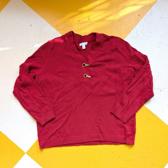 Red and Gold Fastener Cotton Long Sleeve V Sweater Women's Charter Club Medium - Picture 2 of 7